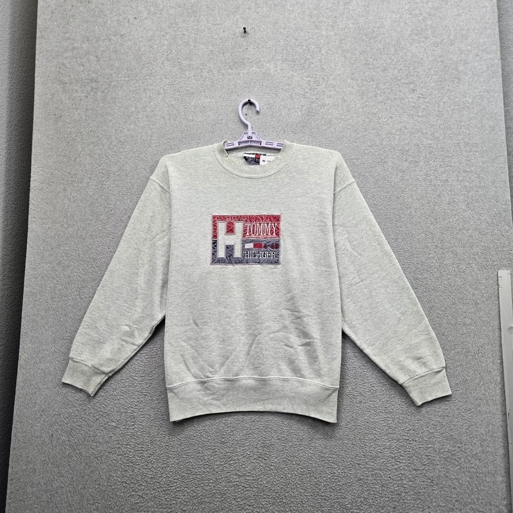 VINTAGE Tommy Hilfiger Men Sweatshirt L Gray 90s USA Embroidered Logo Patch